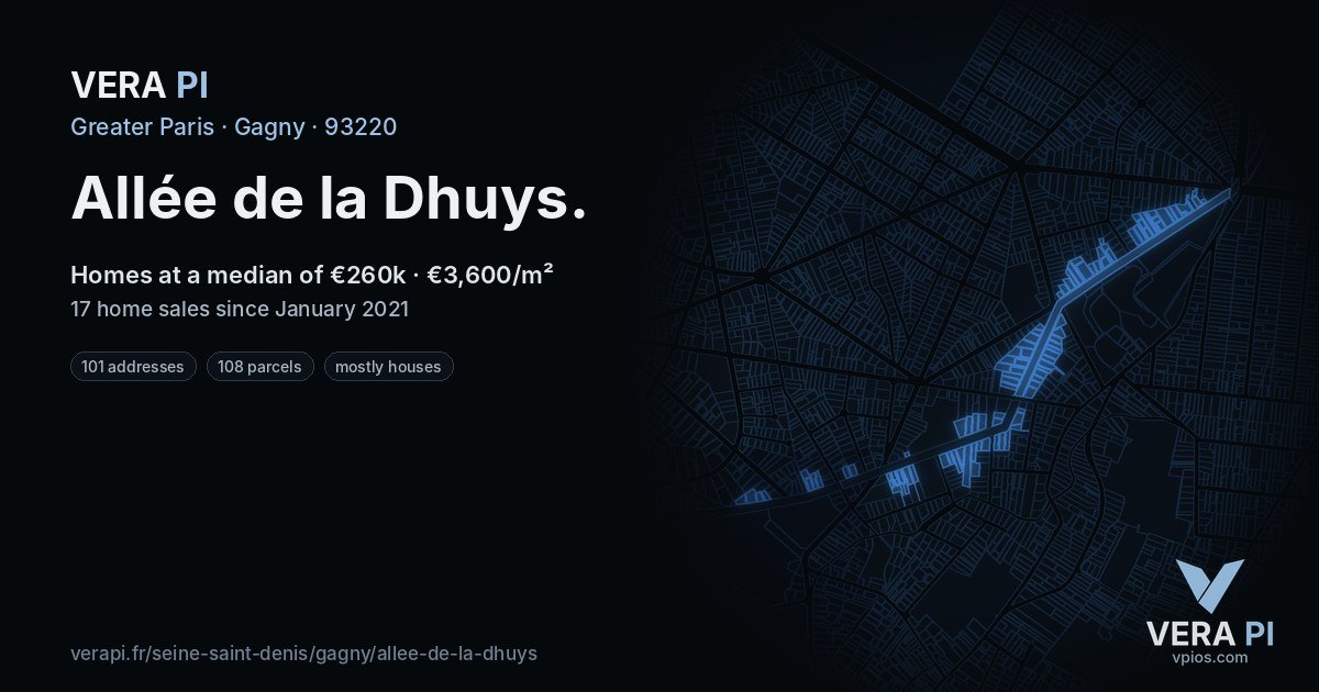 Allée de la Dhuys, Gagny at night – every parcel coloured by the prices around it, the street's own parcels lit