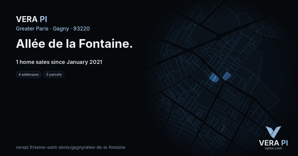 Allée de la Fontaine, Gagny at night – every parcel coloured by the prices around it, the street's own parcels lit