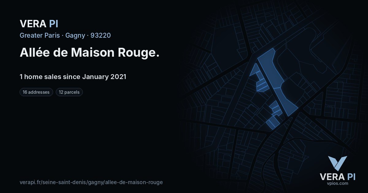 Allée de Maison Rouge, Gagny at night – every parcel coloured by the prices around it, the street's own parcels lit