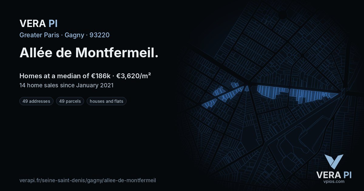 Allée de Montfermeil, Gagny at night – every parcel coloured by the prices around it, the street's own parcels lit