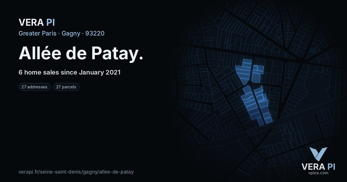 Allée de Patay, Gagny at night – every parcel coloured by the prices around it, the street's own parcels lit