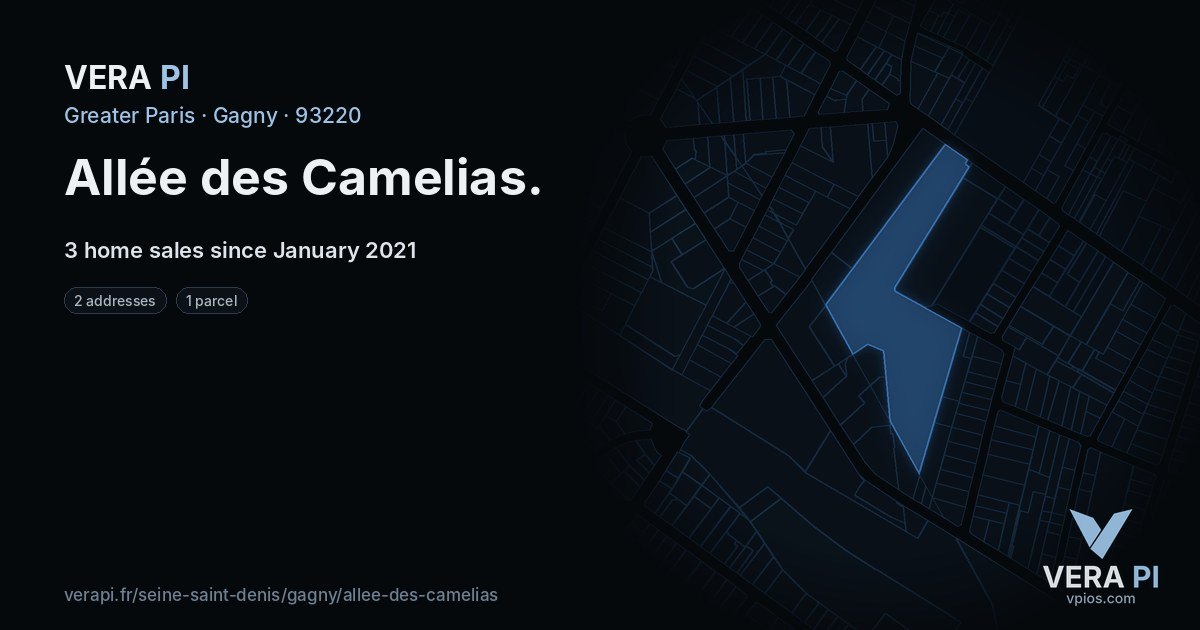 Allée des Camelias, Gagny at night – every parcel coloured by the prices around it, the street's own parcels lit