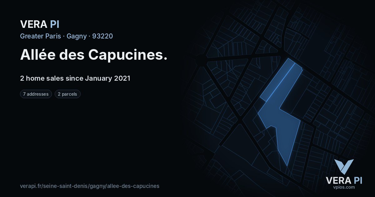 Allée des Capucines, Gagny at night – every parcel coloured by the prices around it, the street's own parcels lit