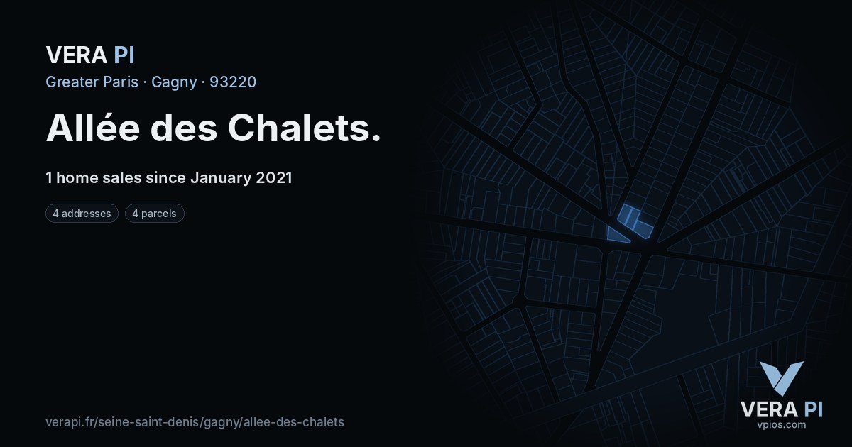 Allée des Chalets, Gagny at night – every parcel coloured by the prices around it, the street's own parcels lit