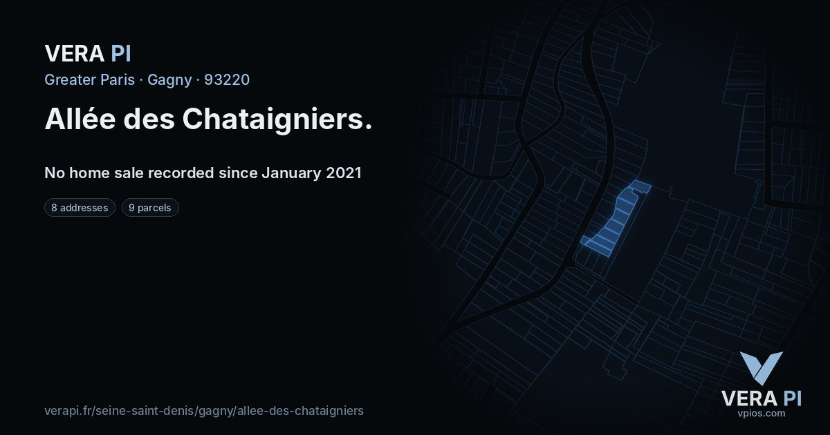 Allée des Chataigniers, Gagny at night – every parcel coloured by the prices around it, the street's own parcels lit