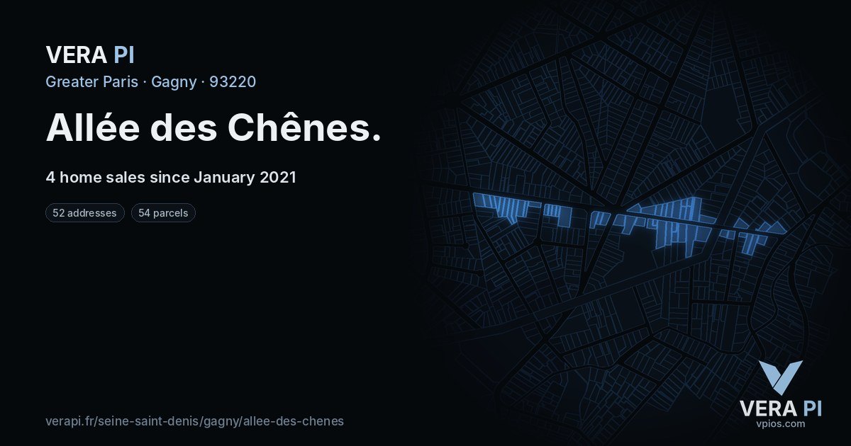 Allée des Chênes, Gagny at night – every parcel coloured by the prices around it, the street's own parcels lit