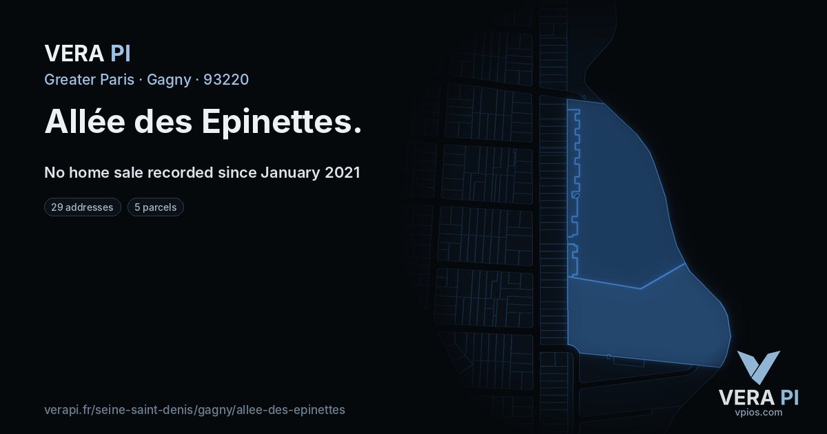 Allée des Epinettes, Gagny at night – every parcel coloured by the prices around it, the street's own parcels lit