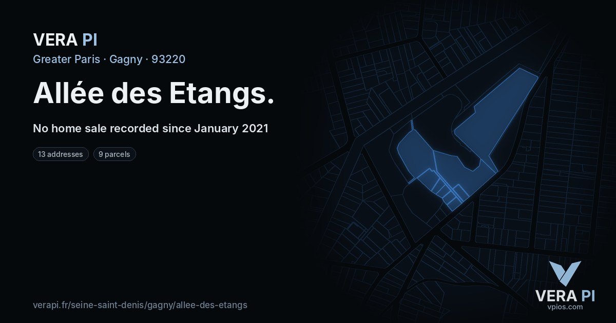 Allée des Etangs, Gagny at night – every parcel coloured by the prices around it, the street's own parcels lit