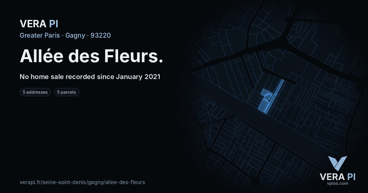 Allée des Fleurs, Gagny at night – every parcel coloured by the prices around it, the street's own parcels lit