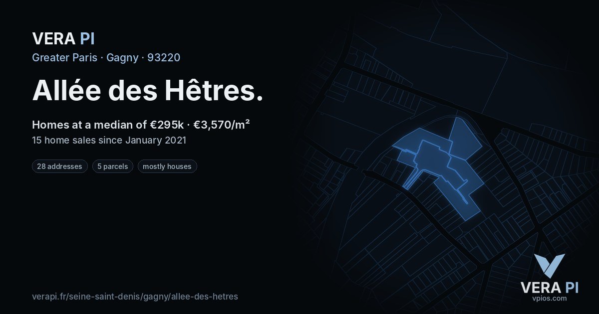 Allée des Hêtres, Gagny at night – every parcel coloured by the prices around it, the street's own parcels lit