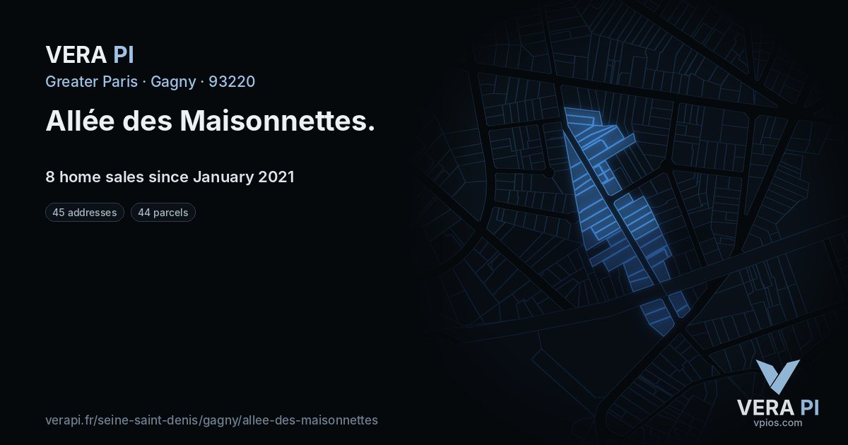 Allée des Maisonnettes, Gagny at night – every parcel coloured by the prices around it, the street's own parcels lit