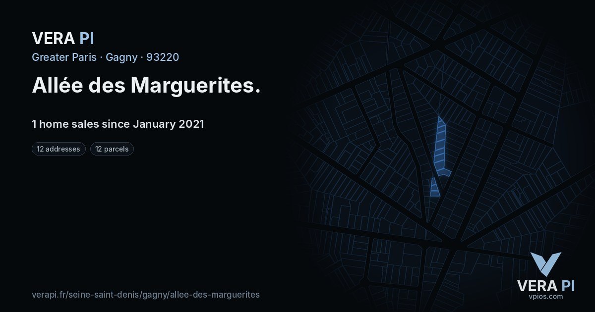 Allée des Marguerites, Gagny at night – every parcel coloured by the prices around it, the street's own parcels lit