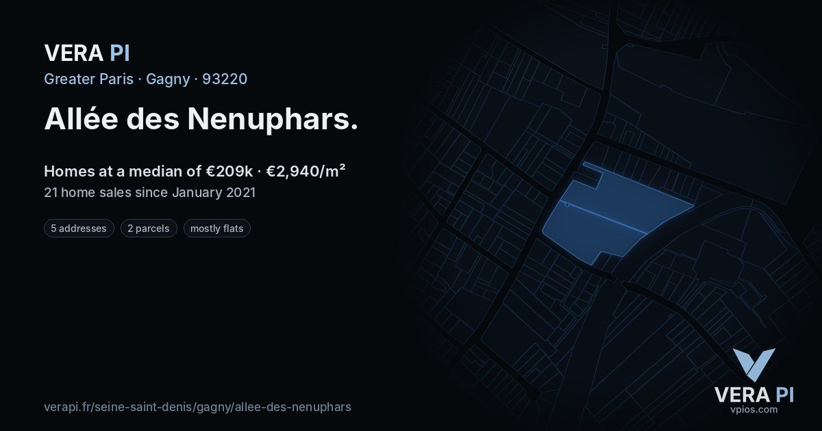 Allée des Nenuphars, Gagny at night – every parcel coloured by the prices around it, the street's own parcels lit