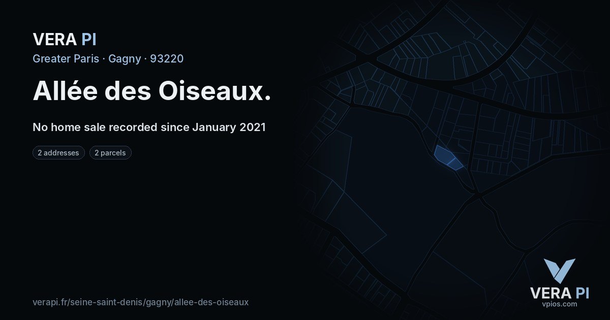Allée des Oiseaux, Gagny at night – every parcel coloured by the prices around it, the street's own parcels lit