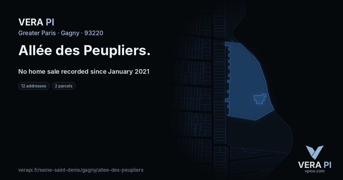 Allée des Peupliers, Gagny at night – every parcel coloured by the prices around it, the street's own parcels lit