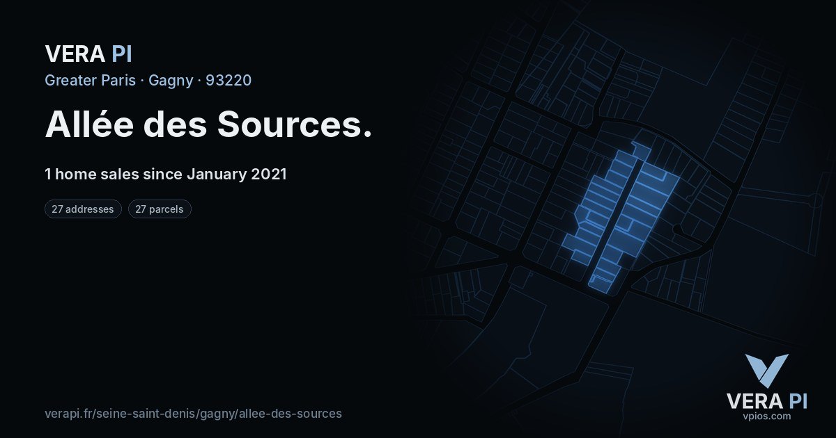 Allée des Sources, Gagny at night – every parcel coloured by the prices around it, the street's own parcels lit