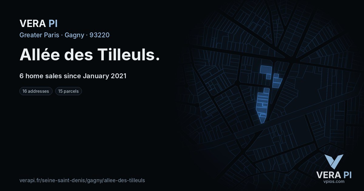 Allée des Tilleuls, Gagny at night – every parcel coloured by the prices around it, the street's own parcels lit