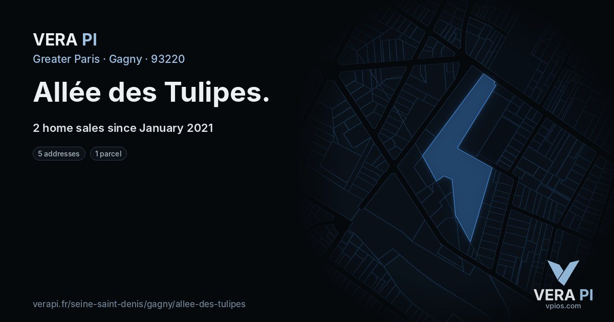 Allée des Tulipes, Gagny at night – every parcel coloured by the prices around it, the street's own parcels lit