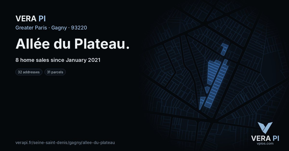 Allée du Plateau, Gagny at night – every parcel coloured by the prices around it, the street's own parcels lit