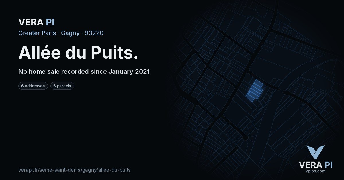 Allée du Puits, Gagny at night – every parcel coloured by the prices around it, the street's own parcels lit