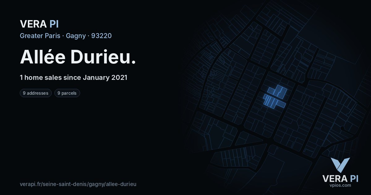 Allée Durieu, Gagny at night – every parcel coloured by the prices around it, the street's own parcels lit