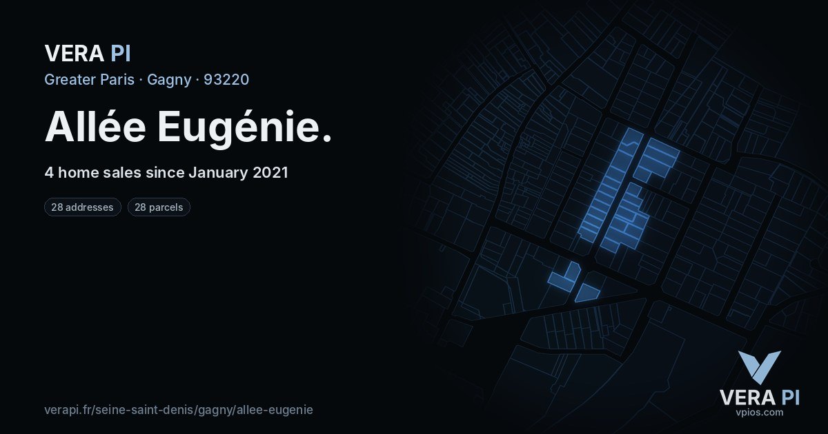 Allée Eugénie, Gagny at night – every parcel coloured by the prices around it, the street's own parcels lit