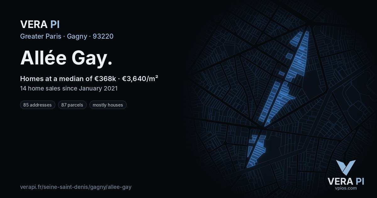 Allée Gay, Gagny at night – every parcel coloured by the prices around it, the street's own parcels lit
