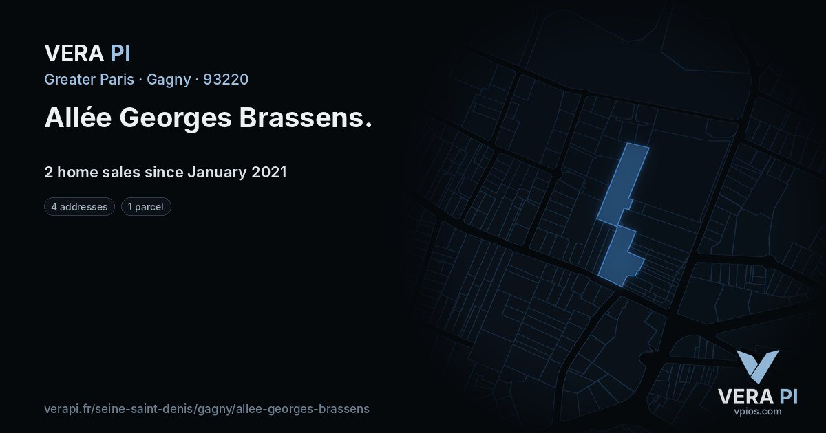 Allée Georges Brassens, Gagny at night – every parcel coloured by the prices around it, the street's own parcels lit
