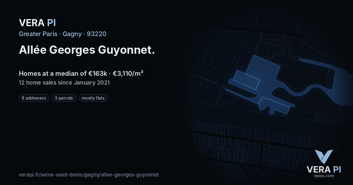Allée Georges Guyonnet, Gagny at night – every parcel coloured by the prices around it, the street's own parcels lit