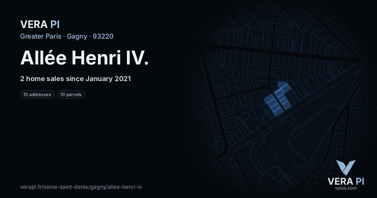Allée Henri IV, Gagny at night – every parcel coloured by the prices around it, the street's own parcels lit