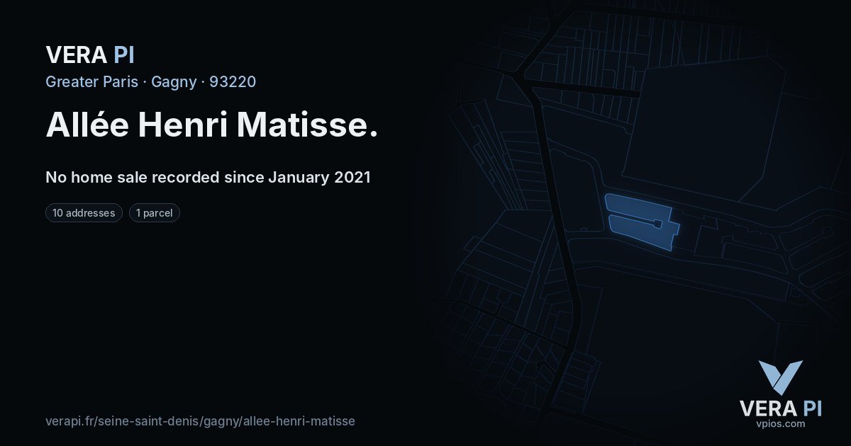 Allée Henri Matisse, Gagny at night – every parcel coloured by the prices around it, the street's own parcels lit