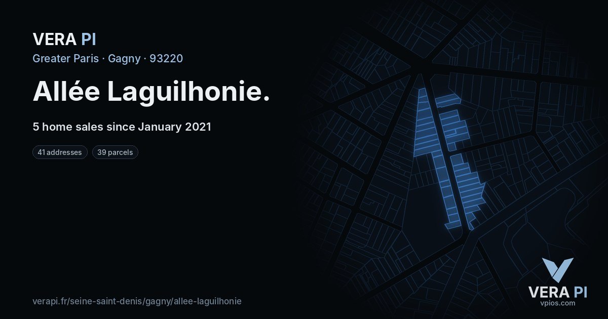 Allée Laguilhonie, Gagny at night – every parcel coloured by the prices around it, the street's own parcels lit