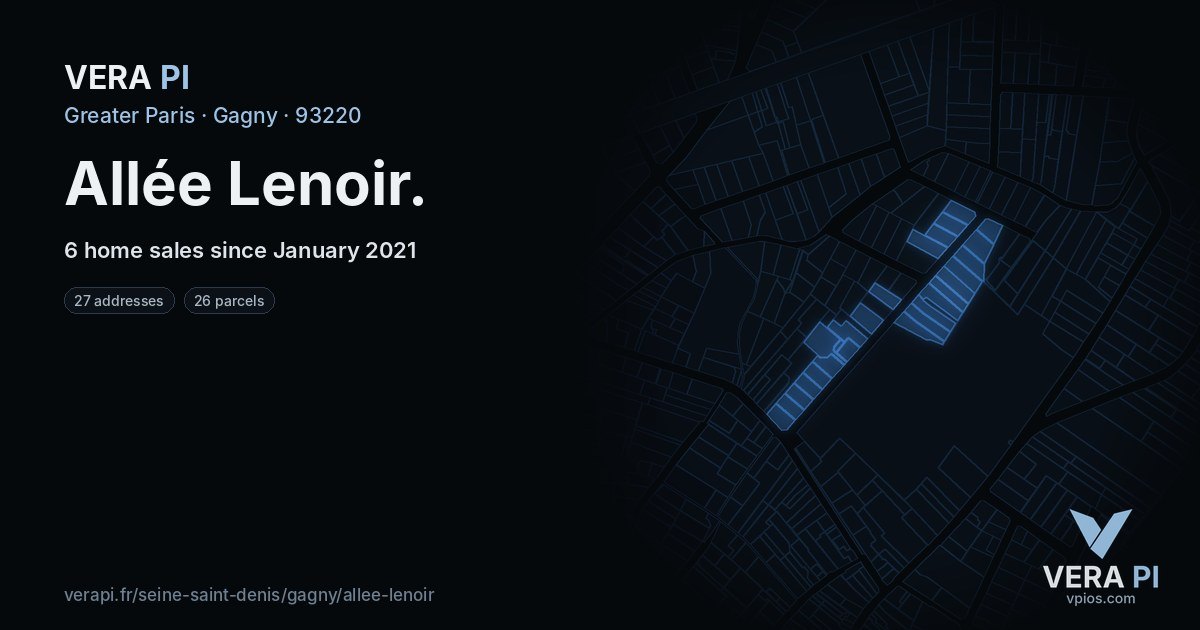 Allée Lenoir, Gagny at night – every parcel coloured by the prices around it, the street's own parcels lit