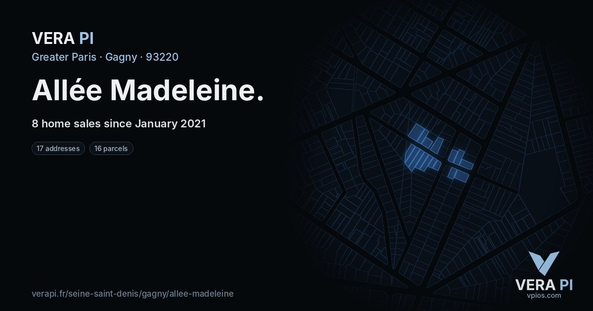 Allée Madeleine, Gagny at night – every parcel coloured by the prices around it, the street's own parcels lit