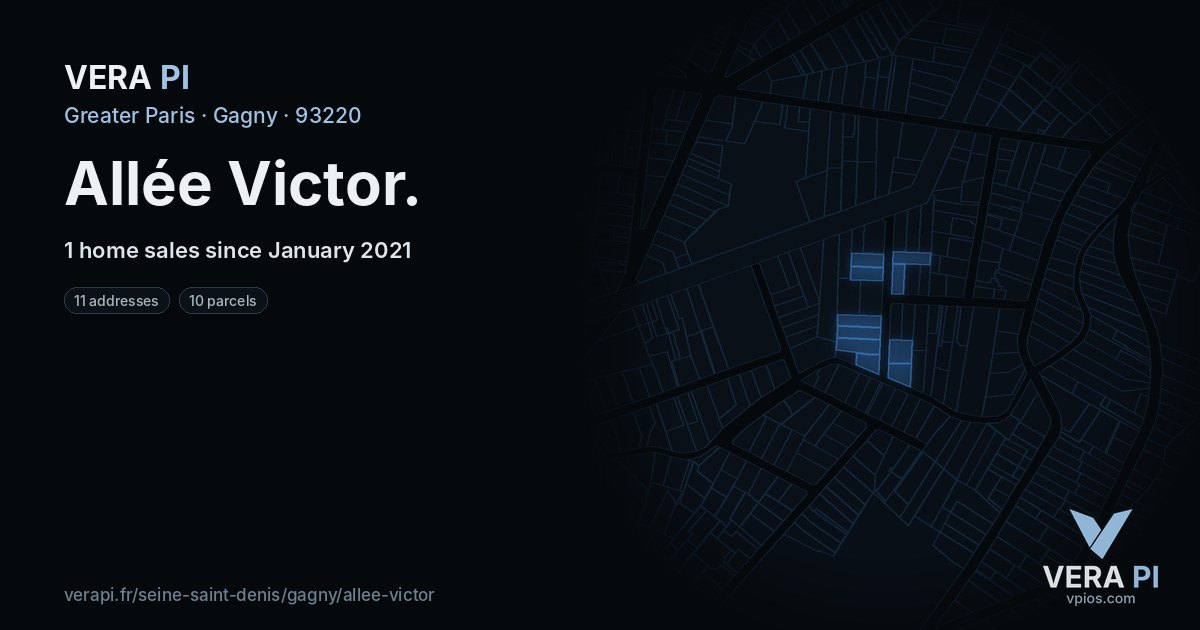 Allée Victor, Gagny at night – every parcel coloured by the prices around it, the street's own parcels lit