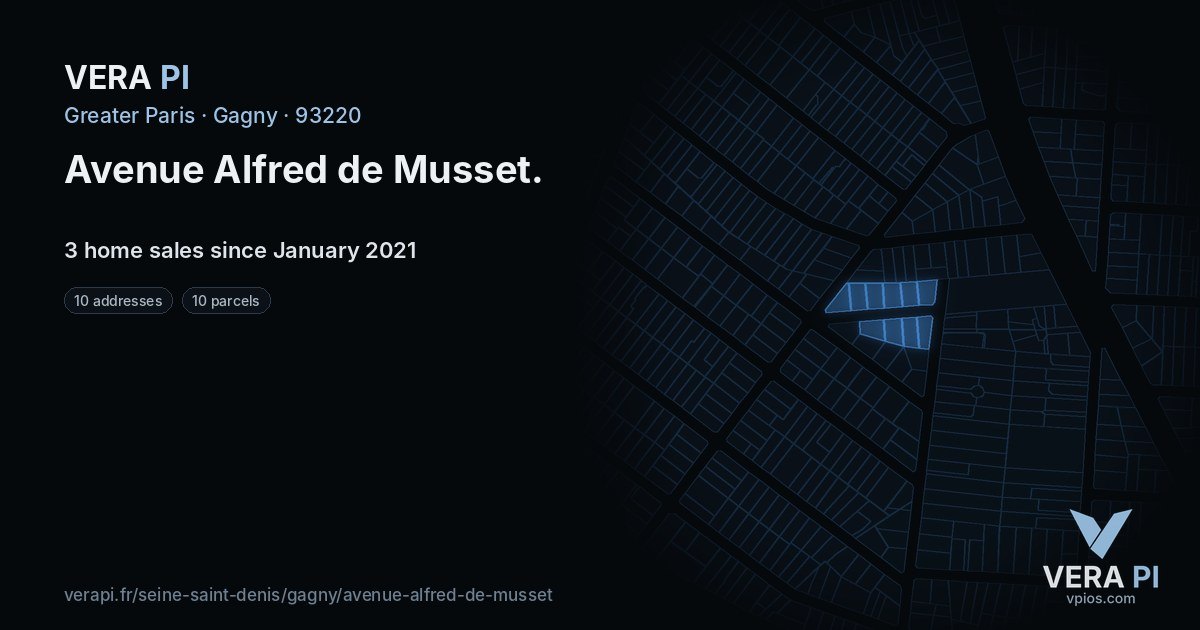 Avenue Alfred de Musset, Gagny at night – every parcel coloured by the prices around it, the street's own parcels lit