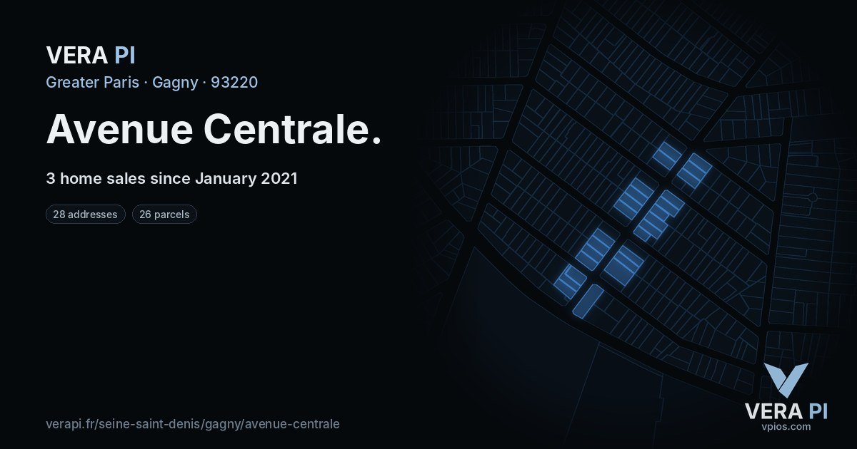 Avenue Centrale, Gagny at night – every parcel coloured by the prices around it, the street's own parcels lit