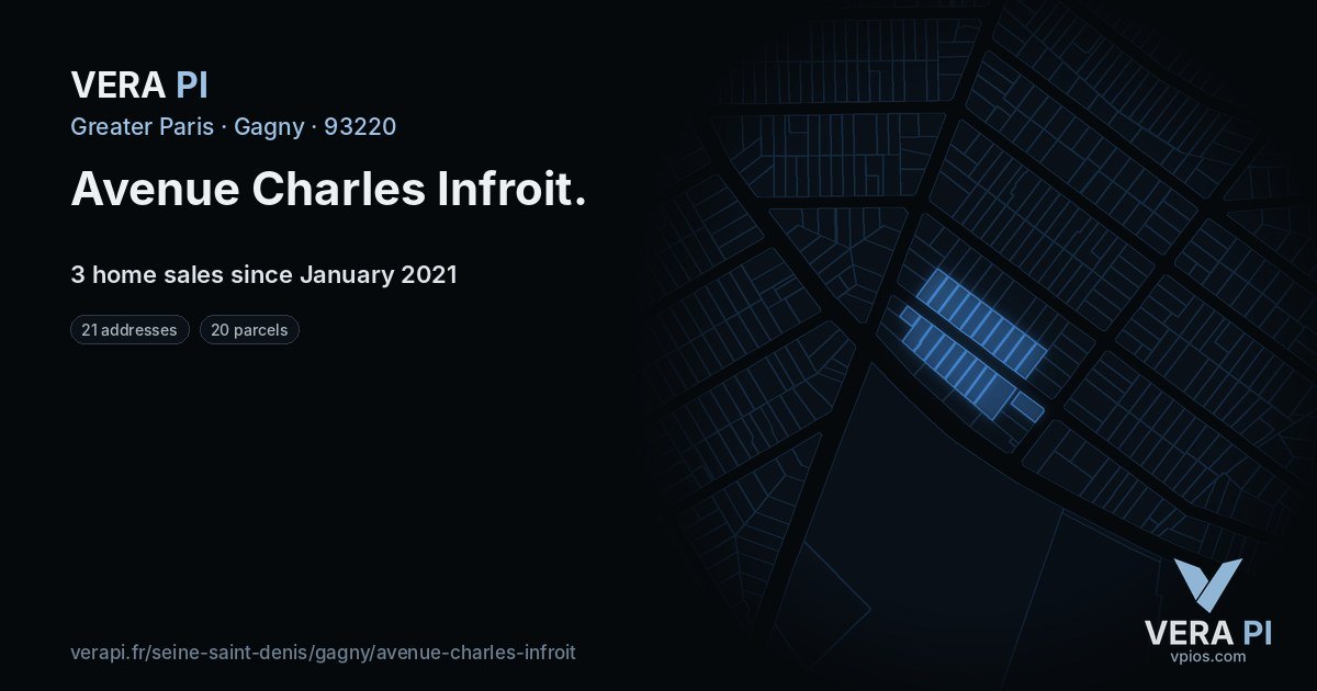 Avenue Charles Infroit, Gagny at night – every parcel coloured by the prices around it, the street's own parcels lit