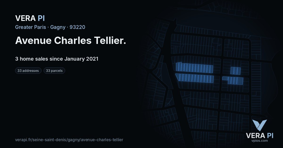 Avenue Charles Tellier, Gagny at night – every parcel coloured by the prices around it, the street's own parcels lit