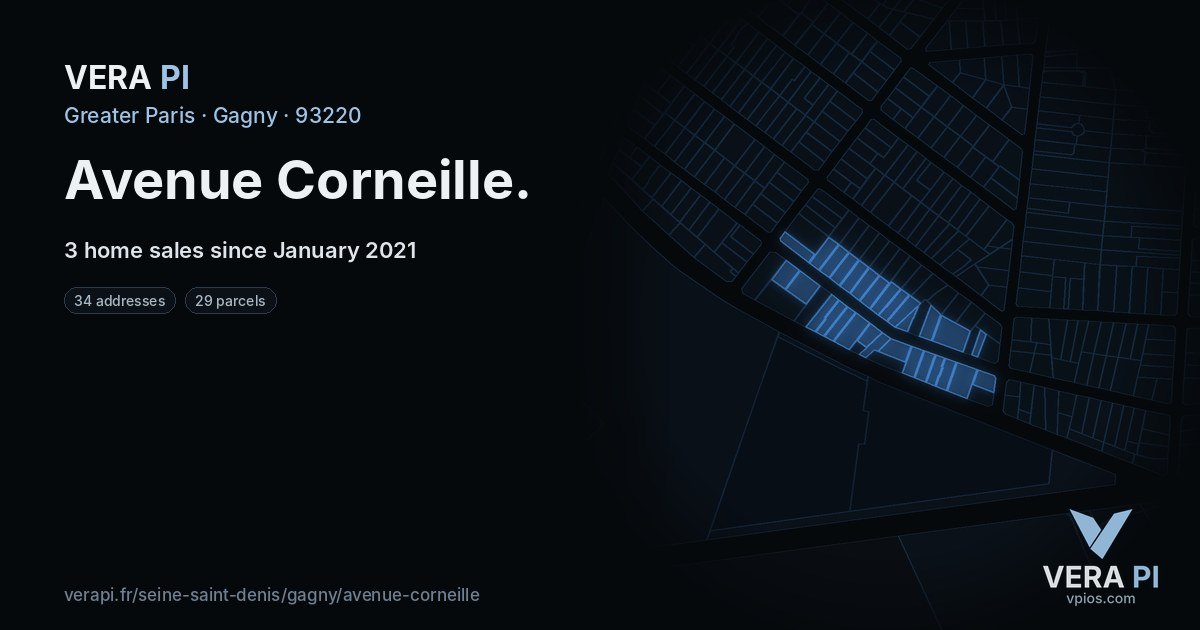 Avenue Corneille, Gagny at night – every parcel coloured by the prices around it, the street's own parcels lit