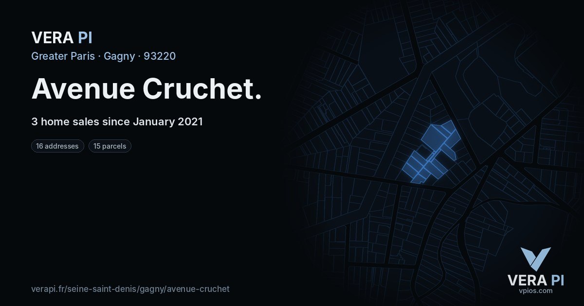 Avenue Cruchet, Gagny at night – every parcel coloured by the prices around it, the street's own parcels lit