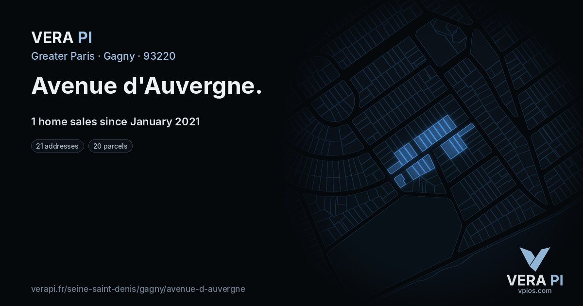 Avenue d'Auvergne, Gagny at night – every parcel coloured by the prices around it, the street's own parcels lit