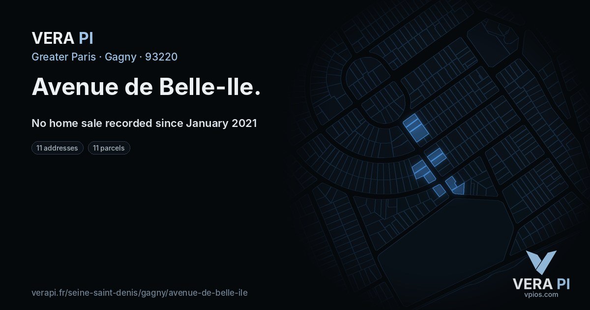 Avenue de Belle-Ile, Gagny at night – every parcel coloured by the prices around it, the street's own parcels lit