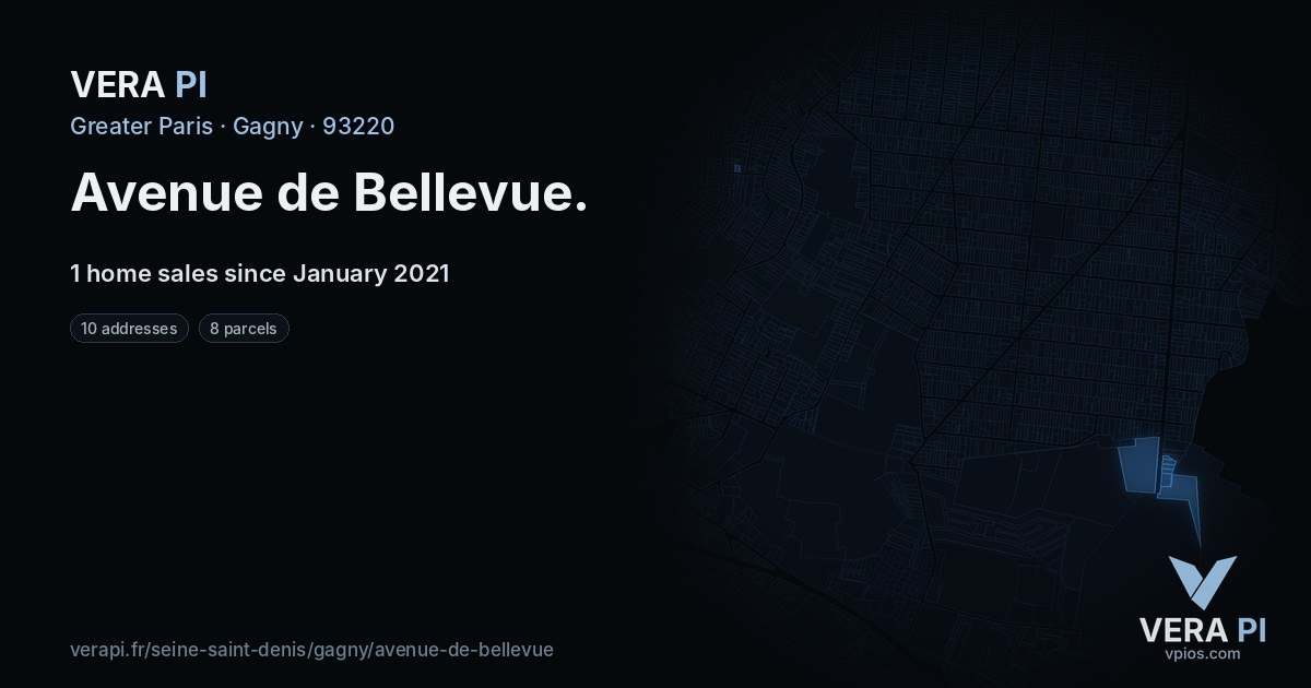 Avenue de Bellevue, Gagny at night – every parcel coloured by the prices around it, the street's own parcels lit