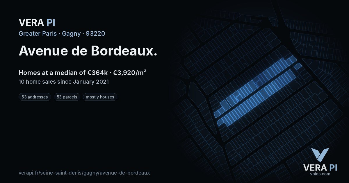 Avenue de Bordeaux, Gagny at night – every parcel coloured by the prices around it, the street's own parcels lit