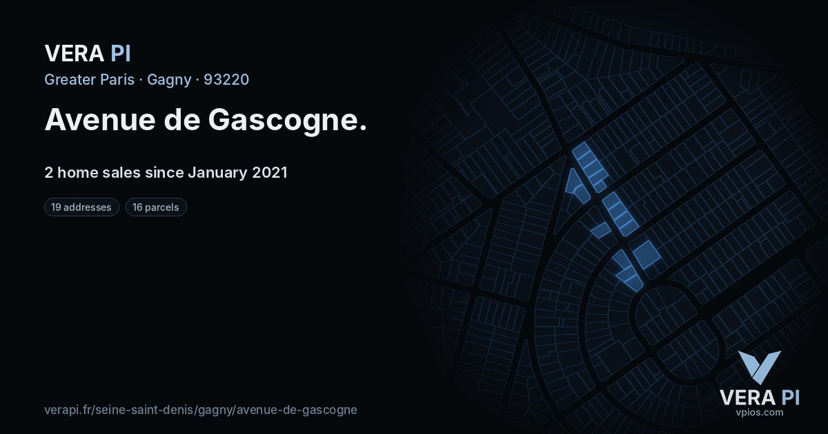 Avenue de Gascogne, Gagny at night – every parcel coloured by the prices around it, the street's own parcels lit