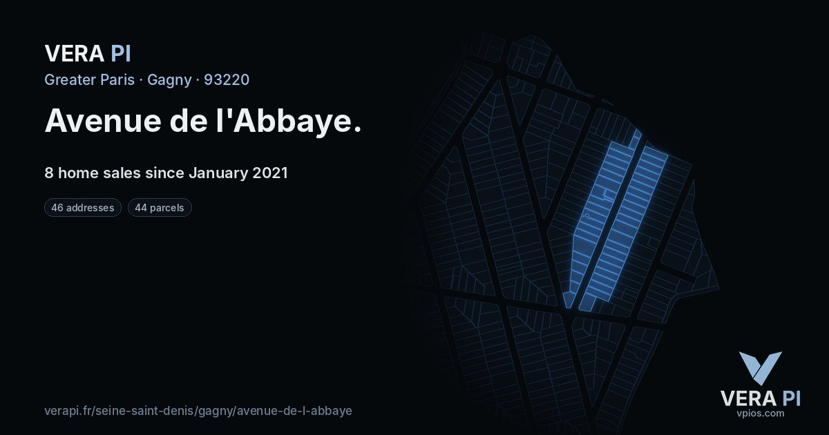 Avenue de l'Abbaye, Gagny at night – every parcel coloured by the prices around it, the street's own parcels lit