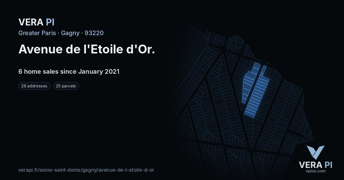 Avenue de l'Etoile d'Or, Gagny at night – every parcel coloured by the prices around it, the street's own parcels lit