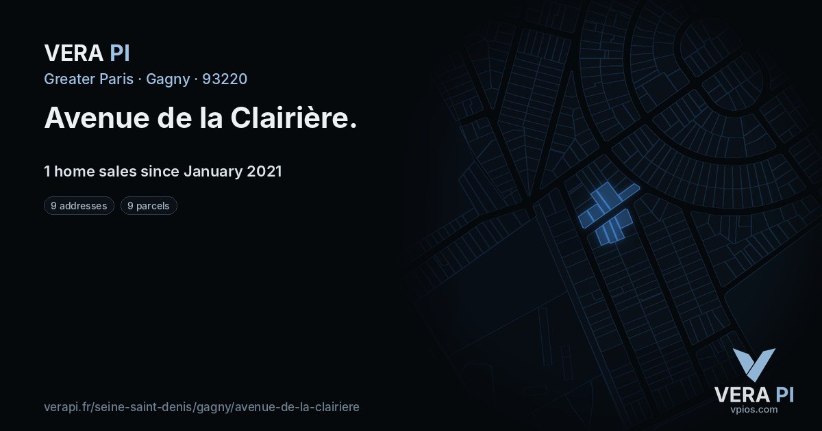 Avenue de la Clairière, Gagny at night – every parcel coloured by the prices around it, the street's own parcels lit