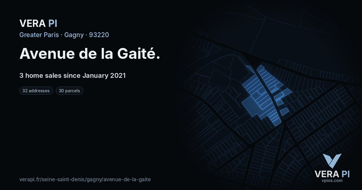 Avenue de la Gaité, Gagny at night – every parcel coloured by the prices around it, the street's own parcels lit
